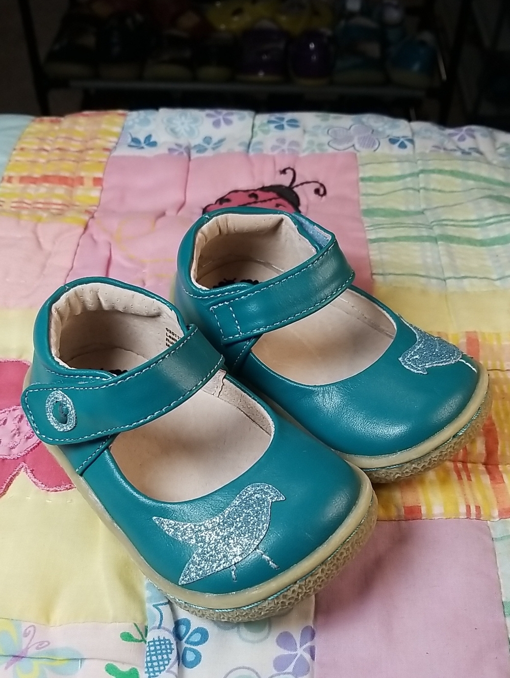 Livie & Luca Teal Leather Mary Jane Shoes with Glitter Bird Size 5 Pio Pio